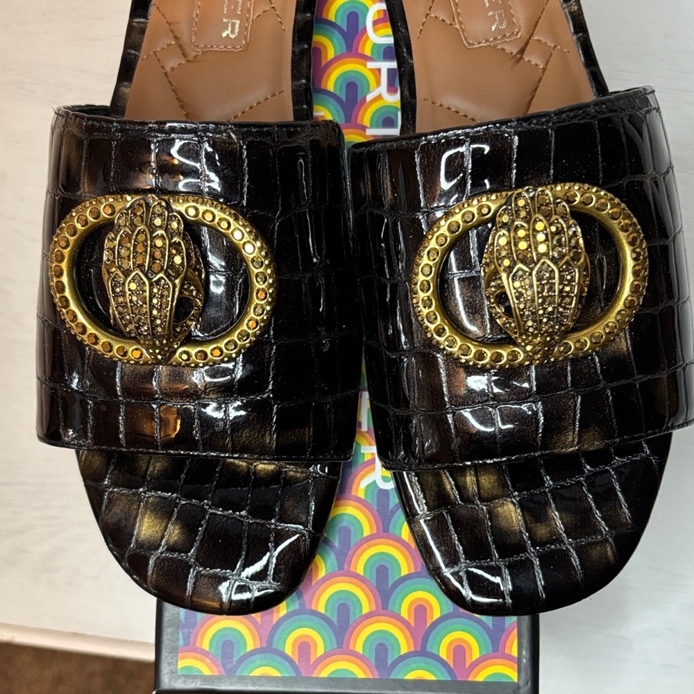 Kurt Geiger Black Slide Sandals with Gold Detail - Picture 6 of 12